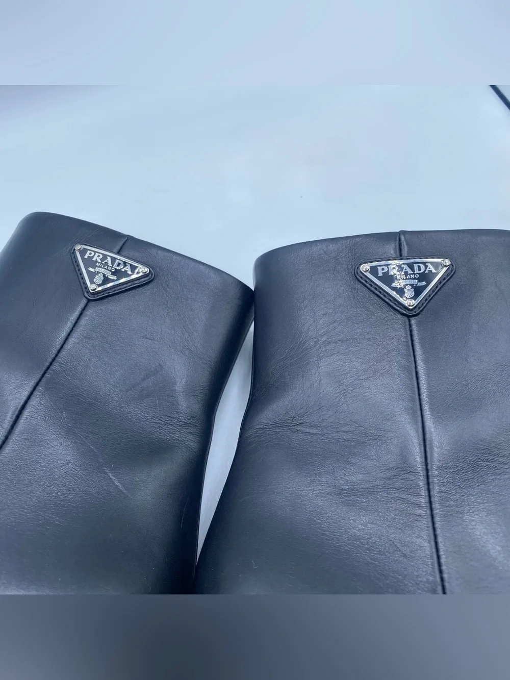 Prada Logo Block Heel Leather Ankle Boots
